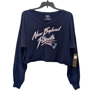Majestic Threads Women's Drake Maye NE Patriots Navy Off Shoulder V-Neck Tee NWT